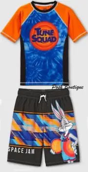 Space Jam Swimsuit Swim Trunks Shorts Rash Guard Shirt Tune Squad Boys Sz 8 10 M