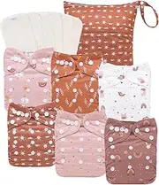 babygoal AWJ Cloth Diapers with Tummy Panel Pack of 13, 6 Diaper Cover with 6 Inserts and Wet Dry Bag, Adjustable Washable Reusable for Baby Girls and Boys