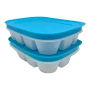 Tupperware Freezer Mates II Mini Ice Cube Tray 12 Cube Slots Blue Lid Set of 2