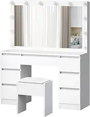 ALFORDSON Dressing Table Stool Set with Storage Drawers and Chair, Makeup Mirror Desk with Mirror 12 LED Bulbs Adjustable 10 Brightness Levels, Dresser Vanity Table Organiser for Dressing Room, White