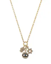 Bloomingdale's Fine Collection Blue Sapphire & Black & White Diamond Evil Eye, Hamsa, and Star of David Charm Necklace with a Paperclip Chain in 14K Yellow Gold, 18