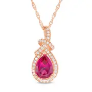 Pear-Shaped Ruby and 0.17 CT. T.W. Natural Diamond Frame Loop Knot Pendant in 10K Rose Gold