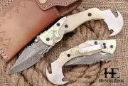 HUNTEX Custom Handmade Damascus Steel 130 mm Long Hunting Folding Pocket Knife