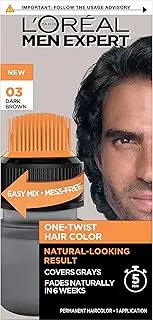 L’Oreal Paris Men Expert One Twist Mess Free Permanent Hair Color, Mens Hair Dye to Cover Grays, Easy Mix Ammonia Free Application, Dark Brown 03, 1 Application Kit