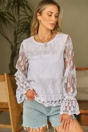 I AM A FASHION JUNKY Beige Embroidered Mesh Flounce Sleeve Blouse
