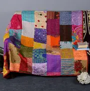 Indian Silk Patola Kantha Quilt Handmade Cotton Patchwork Gudri Bedspread Throw