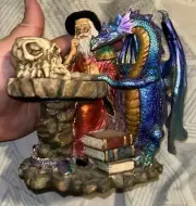 2001 MYTHS AND LEGENDS WIZARD AND DRAGON STATUE CANDLE STICK HOLDER #5878