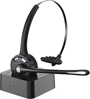 Bluetooth Headset with Microphone, Wireless On-Ear Noise Cancelling Headphones with Charging Station, Phone Headset Mute Button for Laptop, Skype, Call Center, Office, Trucker