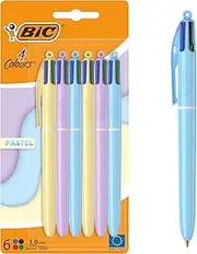 BIC 4 Colours Ballpoint Pen Set in Pastel in, Pack of 6, Ideal for the Office, Home Office or School