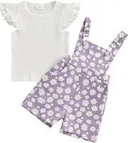 [Gaono] Baby Girl Summer Clohes Toddler Overall Shorts Outfits Solid Color Fly Sleeve Ribbed T-shirt Suspender Shorts Set