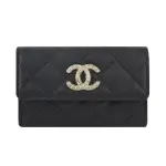 【CHANEL 香奈兒】經典雙C LOGO菱格紋小牛皮翻蓋卡片夾(黑色)