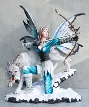 Ebros Fairy Artemis The Huntress Drawing Bow & Arrow With White Snow Wolf Statue
