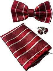 [Zasel] Mens Red Textured Stripe Bow Tie, Pocket Square & Cuff Links Set Red, Silver
