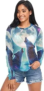 [RPLIFE] Wolves Howling Moon Blue Womens Mesh Shirt, Long Sleeve Rave Top S-XXL