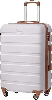 [COOLIFE] Suitcase Trolley Carry On Hand Cabin Luggage Hard Shell Travel Bag Lightweight with TSA Lock and 4 Spinner Wheels (White/Brown, L(28 inch))