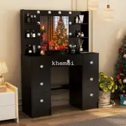Makeup Vanity Black 7 Drawers Dressing Table Set with LED Lights Mirror Dimmable