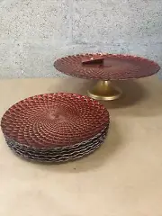 Turkish Set of 6 Ruby Red Glass Dessert Plater W/ Cake Stand Golden textured