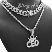 Hip Hop Silver PT Crowned CEO w/ 24" Rope Chain & 18" Iced Cuban Necklace Set
