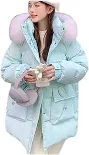 [BybAgs] Windproof Down Jackets Fur Hooded Puffer Jacket with Zipper Fleece Lining Padded Thermal Outerwear