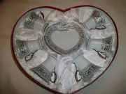 SILVER / GREY 12 PC HEART DEMITASSE SET CUPS EXCELLENT PORCELAIN CHINA IN BOX