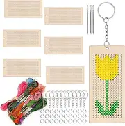 Swpeet 64Pcs Rectangular Shape Wooden Cross Stitch with Keychain, Jump Ring, Thread and Needles Assortment Kit, Wood Sewing Kit for Beginners, Crafts Needle Embroidery Kit for DIY Hanging Decor Gift