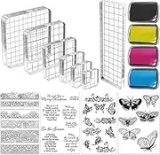 Cooyeah 15 Pieces Acrylic Stamp Blocks Tools Set, 7 Acrylic Stamp Clear Blocks, 4 Silicone Clear Stamps Seals, 4 Stamp Ink Pads, Decorative Stamp Blocks Set for DIY Scrapbooking Crafts Card Making