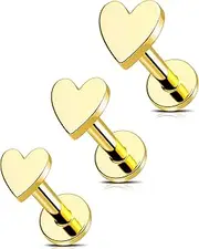 [MS CUTE] 3Pcs Heart Shaped Nose Studs 16G/18G/20G 316L Stainless Steel Threadless Stud Earrings Flat Back Gold Nose Monroe Helix Cartilage Tragus Piercing Jewelry