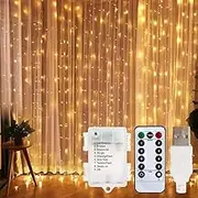 LED Curtain Lights, USB & Battery Powered LED Icicle Lights, 300 LEDs, 9.8ft x 9.8ft with 8 Modes Remote Controller for Holiday, Party, Outdoor Wall, Wedding Decorations (Warm White)