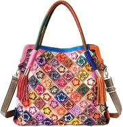 [Segater] Women's Multicolor Big Boston Bag Genuine Leather RANDOM Colorful Patchwork Large Tote Handbag Hobo Crossbody Purses