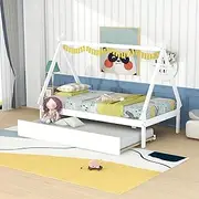 Goohome Twin Size Teepee Bed with Trundle, Wood Montessori Floor Bed for Kids, House Tent Bed Frame for Girls Boys Bedroom Furniture