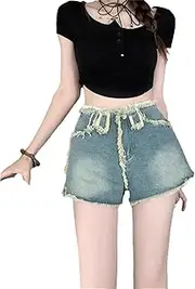 [Generic] Women's High Waist Loose A Line Denim Shorts Distressed Mini Trousers Summer Fashion Wide Leg Shorts