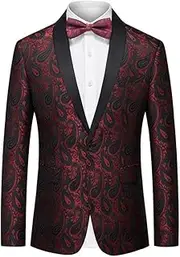 [Youllyuu] Wine Red Paisley Jacquard Tuxedo Jacket Men One Button Shawl Collar Wedding Party Suit Jacket