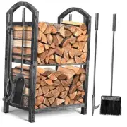Firewood Rack with Tools 5-Piece Indoor Fireplace Wood Holders Outdoor Log