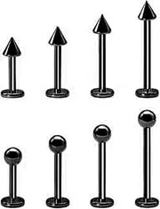 [Jewel Barrel] 8pcs Labret Piercing Bars Lip Studs Jewellery for Helix, Monroe, Vertical Flat Back Earrings | 16G (1.2mm) Surgical Steel | 6 | 8 | 10 | 12mm Length with Ball & Cone Ends