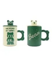 [Lanci Aristo] High-Fired Ceramic Porcelain Mug 2 Set With Lid Bear Tea Spoon 400ml in Green