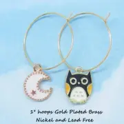Owl and Moon Earrings Hoops Enamel and Gold Plated 10090 Mis Matched