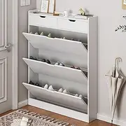 [HHCTEBEC] Shoe Cabinet with 3 Doors, Slim Modern Shoe Storage Cabinet with 2 Drawers Free Standing Shoe Shelf Organizer for Entryway, Bathroom, Hallway, Closet or Living Room,White