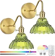 Vintage Battery Operated Wall Sconces Set Of Two, Indoor not Hardwired Brass Green Glass Lampshade Fixtures,Rechargeable Wireless RGB Wall Lights with Dimmable Remote Control,for Bedroom Living Room