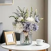 DelSol Artificial Flowers with Vase Silk Dahlia Faux Flowers Arrangement with Glass Vase Exquisite Fake Flowers Bouquet for Home Decor Decoration Table Centerpiece (Dahlia)
