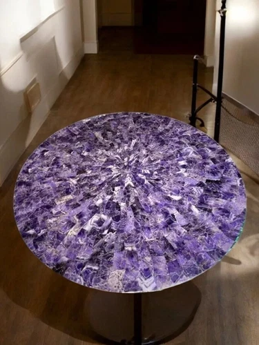 36" Round Amethyst Stone Coffee Table Handmade Crystal Gemstone Home Decors