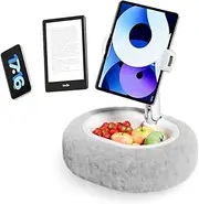 SupeDesk Kindle Pillow Stand – Soft Grey Fuzzy Tablet Holder with Storage Bowl, Hands-Free Lap Stand for Bed, Couch – Compatible with Kindle, iPad, Phones & E-Readers (Gray)