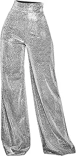 ZALHIN Glitter Pants Women,Lightweight High Waist Casual Trousers - Soft Flare Pants, Elastic Long Lounge Pant Trousers, Loose Flare Bell Bottom Pants for Stage Performance Silver