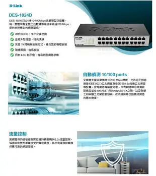 D-Link 友訊 DES-1024D 24埠 鐵殼 10/100Mbps 乙太網路交換器 HUB 交換器