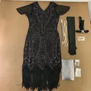Women's Medium Black Silver Sequin Fringe Flapper Dress & Accessories 9 Pieces