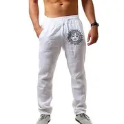 Men's Linen Pants Trousers Baggy Pants Beach Pants Pocket Drawstring Plain Comfort Breathable Knee Length Daily Vacation Stylish White Army Green Micro-elastic