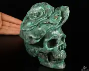 Gemstone 5.2" Emerald Carved Crystal Skull & Flower, Crystal Healing