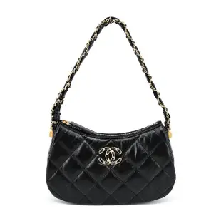 【CHANEL 香奈兒】19 Hobo Bag經典雙C LOGO菱格紋小牛皮手提/肩背包(黑色-AS4422 B14315 94305)