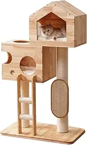 Modern Wood Cat Tree Tower with House Bed, Condo, Scratching Post