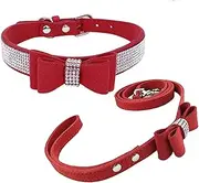 Newtensina Fashion Dog Collar and Lead with Bow Tie Bling Puppy Collar Leash with Bow for Dog - Red - XS
