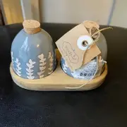 Mud Pie Salt and Pepper Shakers Grey On Wood Base